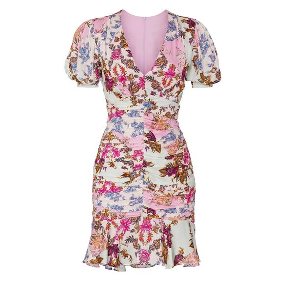 Adelyn Rae Abbie Satin Mini Dress White Pink Floral Ruffled Ruched Feminine M - Picture 1 of 9